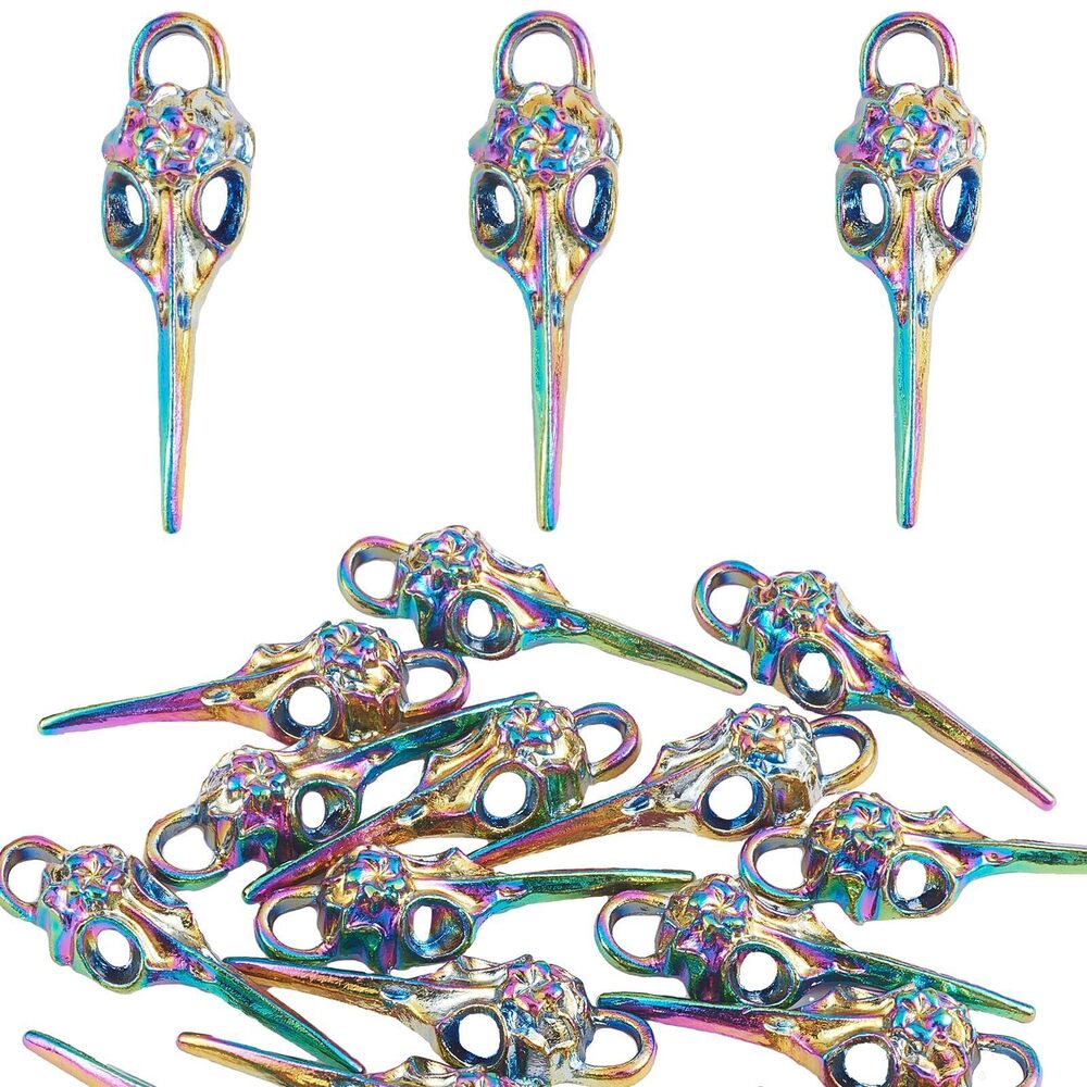9773 20 Pcs Halloween Gothic Bird Head Skull Charms, Rainbow Color Alloy